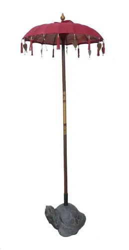 Product image of the product “Bali umbrella, Red with wooden coins and gold leaves hanging around the edge. Approx. 100cm dia. and 250cm height ”